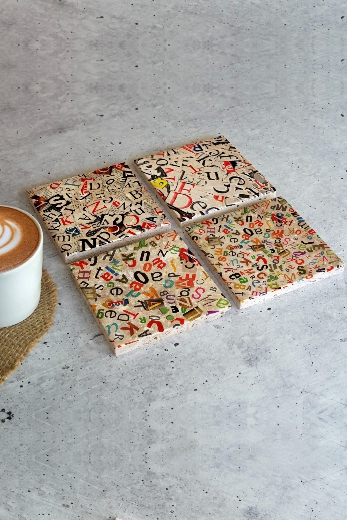 Alfabe 4'lü Taş Bardak Altlığı
