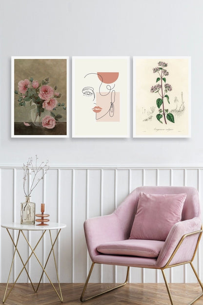 Çiçek Üçlü Ahşap Çerçeveli Tablo 23 x 30