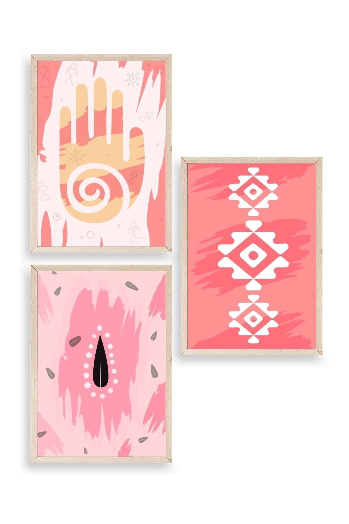 Düşündüren Şekiller Üçlü Ahşap Çerçeveli Tablo 50 x 70