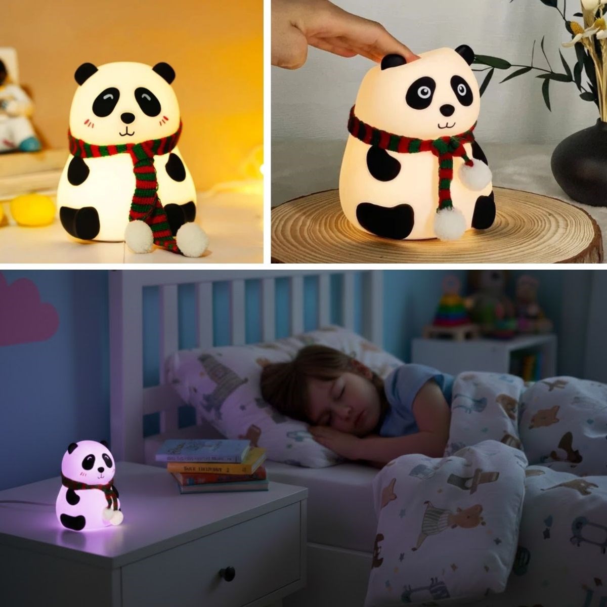 5 Farklı Renk Modlu Panda Figürlü Pofuduk LED Gece Lambası–Yumuşak Dokulu Çocuk Odası ve Dekoratif Şarjlı Ortam Işığı
