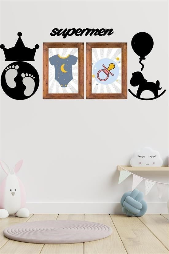 BUFFER® DECO103 Supermen Dekoratif Duvar Süsü Tablo Aksesuar Ahşap Tasarım Hediye Pano Sticker Seti