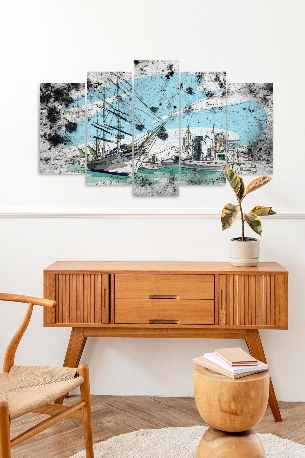 Deniz Manzarası Keşmekeş 5 Parçalı Mdf Tablo 60 x 100