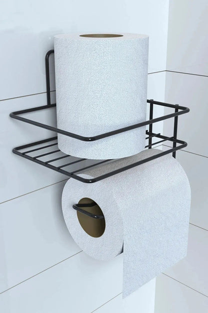 BUFFER® Kendiliğinden Yapışkanlı Tuvalet Kağıdı Tutacağı ve Yedek Raf - Siyah Modern Metal Tasarım