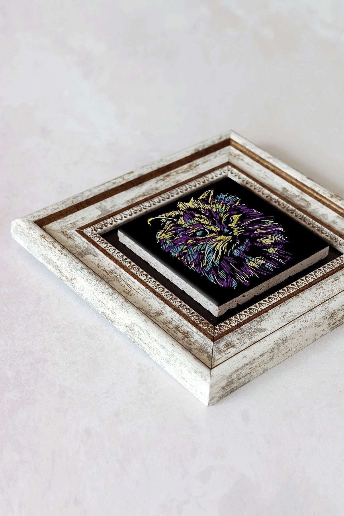 Soyut Çalışma Renkli Kedi Çerçeveli Taş Tablo , Çerçeveli Taş Duvar Dekoru-enkcrcvtbl-00100 20 cm