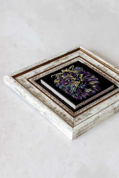 Soyut Çalışma Renkli Kedi Çerçeveli Taş Tablo , Çerçeveli Taş Duvar Dekoru-enkcrcvtbl-00100 20 cm