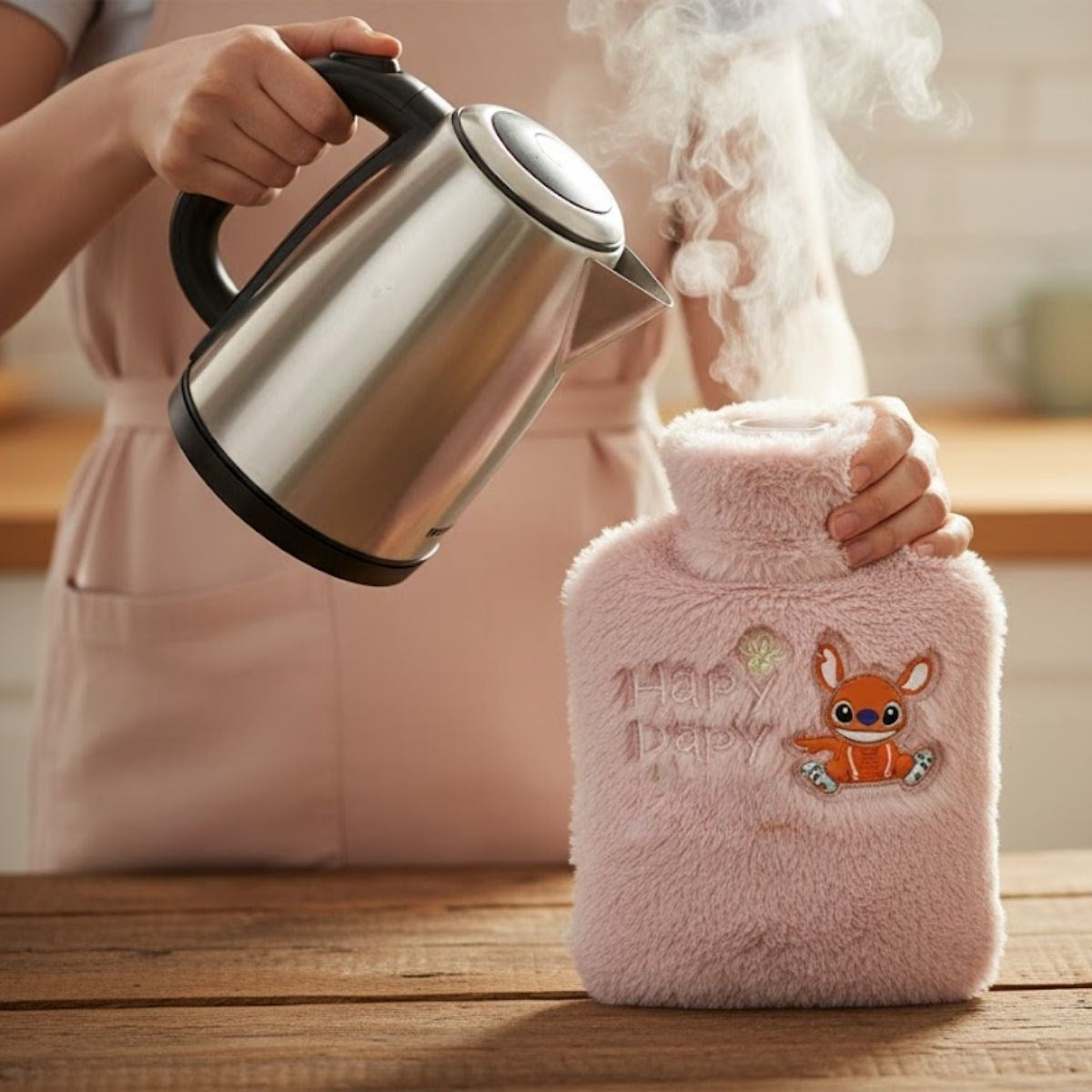 Mutlu Robot Hayvan Figürlü Pembe Peluş Sıcak Su Torbası 1 Lt – Yumuşak Kılıf, Uzun Süre Sıcak Tutan Termal Su Torbası