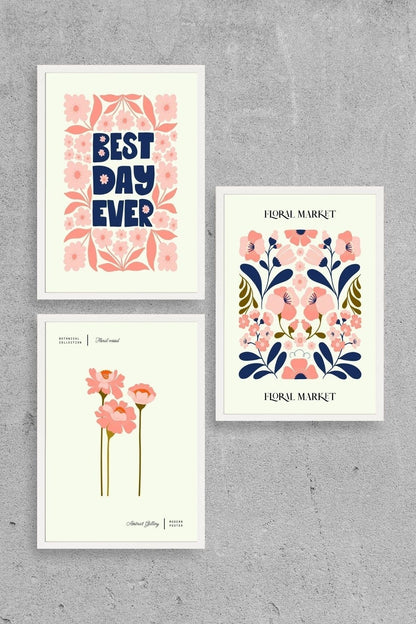 Flower Market Üçlü Ahşap Çerçeveli Tablo 30 x 40