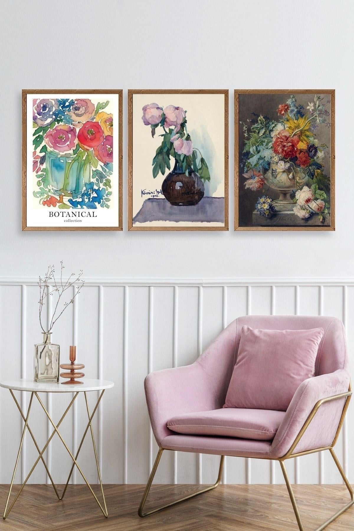 Çiçek Üçlü Ahşap Çerçeveli Tablo 50 x 70