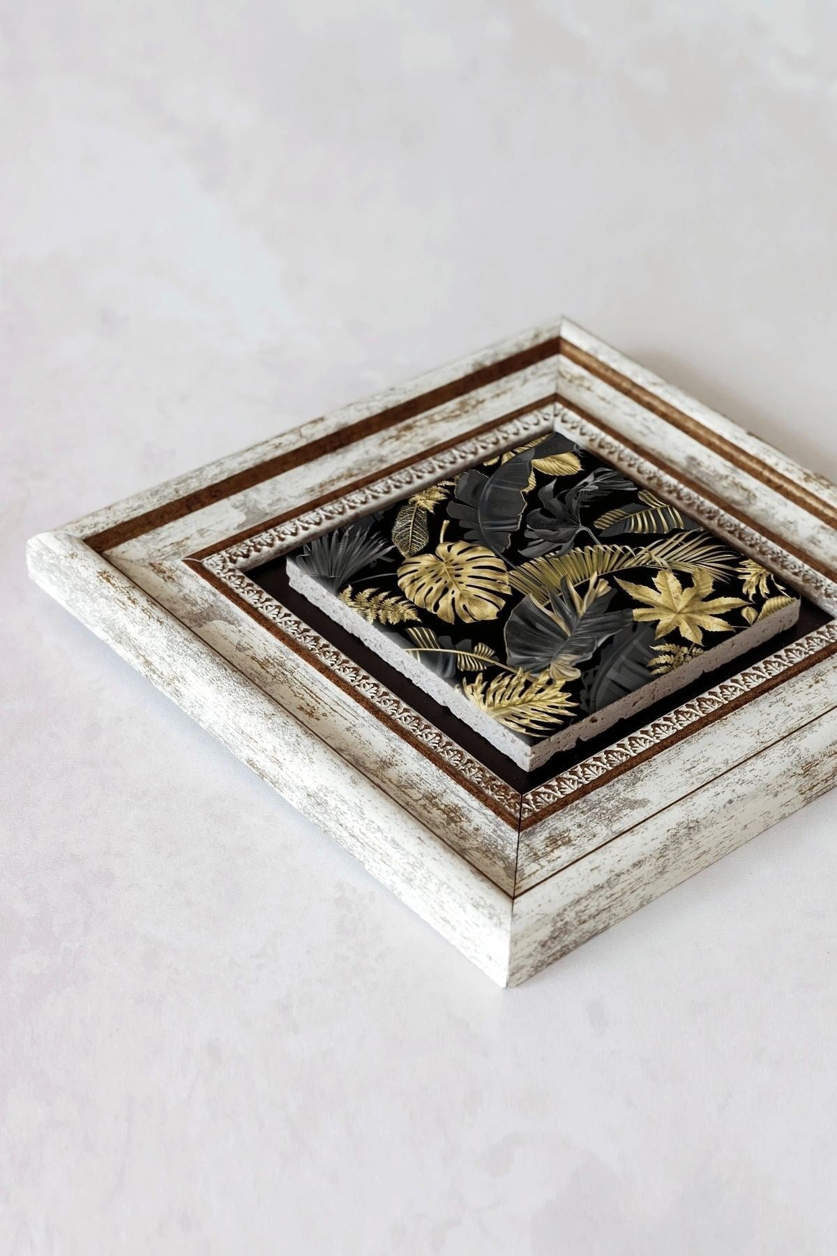 Gold Desenli Çerçeveli Taş Tablo , Çerçeveli Taş Duvar Dekoru-enkcrcvtbl-00168 20 cm