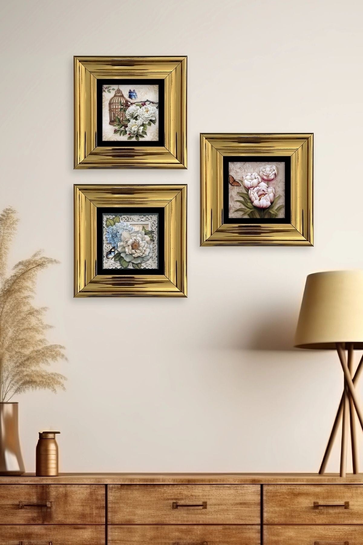 Çiçekler 3 lü Set Çerçeveli Taş Tablo 20 cm