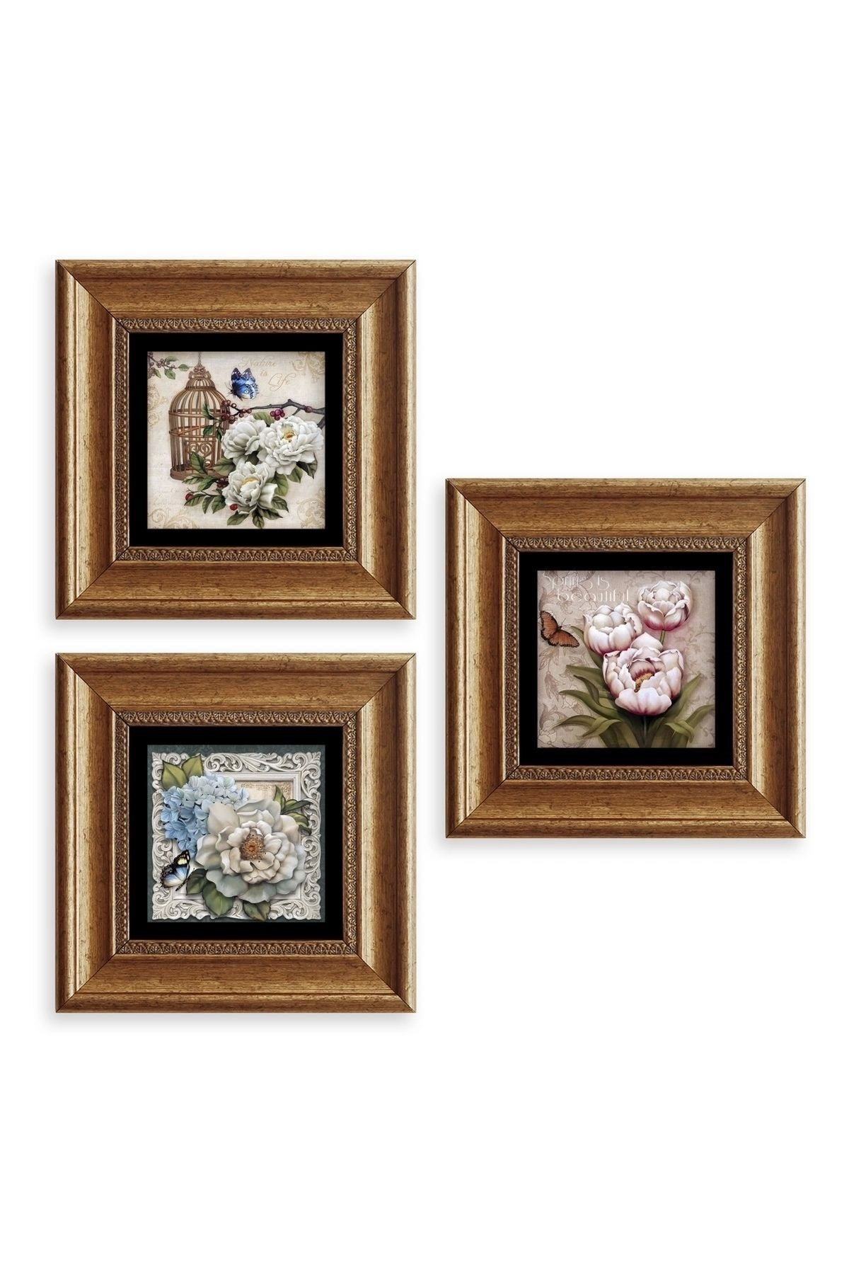 Çiçekler 3 lü Set Çerçeveli Taş Tablo 20 cm