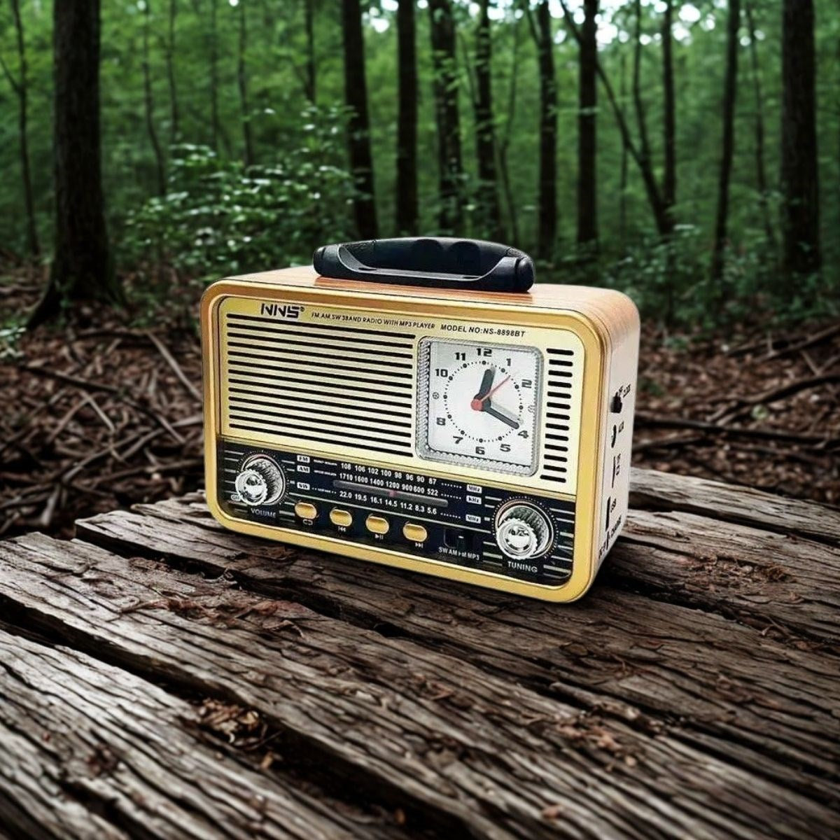 BUFFER® Orta Boy Saat Göstergeli Retro Ahşap Tasarım Bluetooth Hoparlörlü Radyo – FM/AM Destekli, Şarjlı ve Taşınabilir Radyo NS-8898