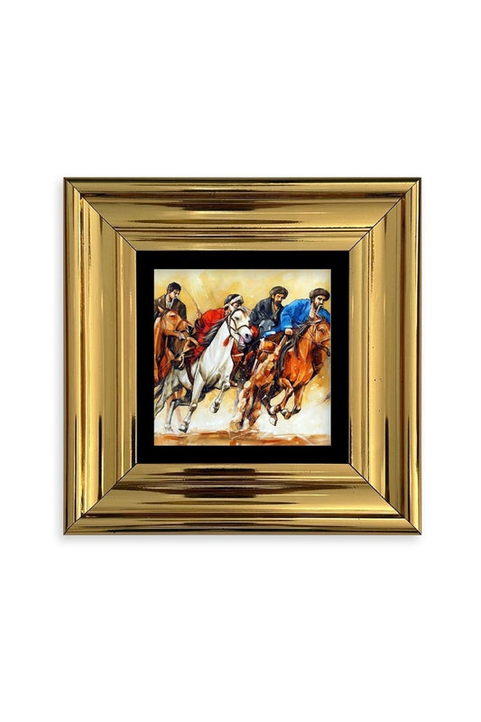 Koşan Atlar Yağlı Boya Çerçeveli Taş Tablo 20 cm