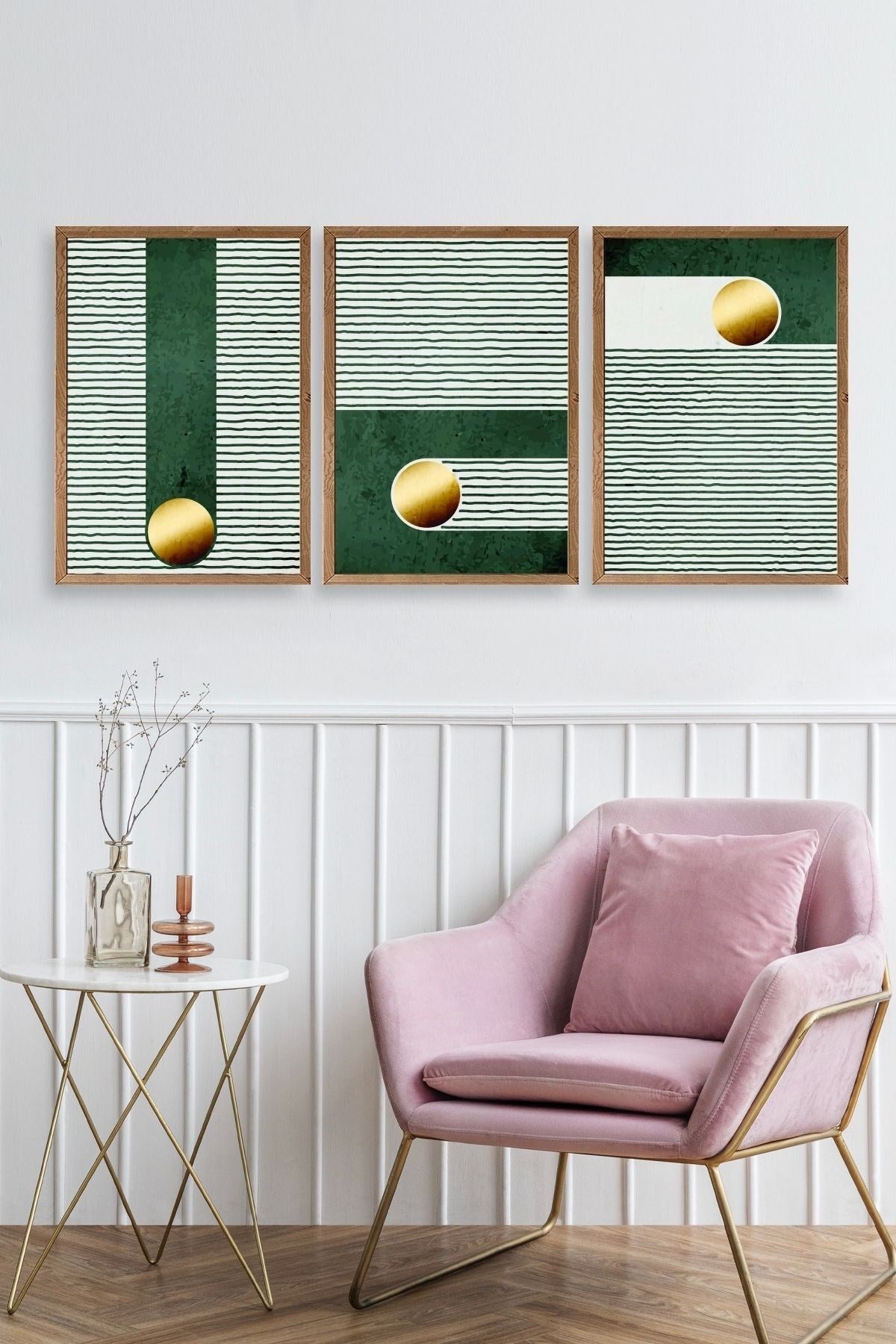 Yuvarlak Top Desenli Üçlü Ahşap Çerçeveli Tablo 50 x 70