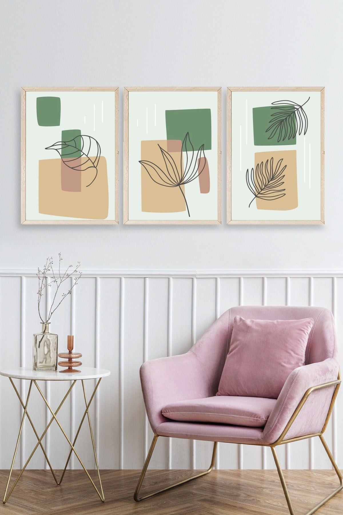 Çiçek Desenli Üçlü Ahşap Çerçeveli Tablo 17 x 23