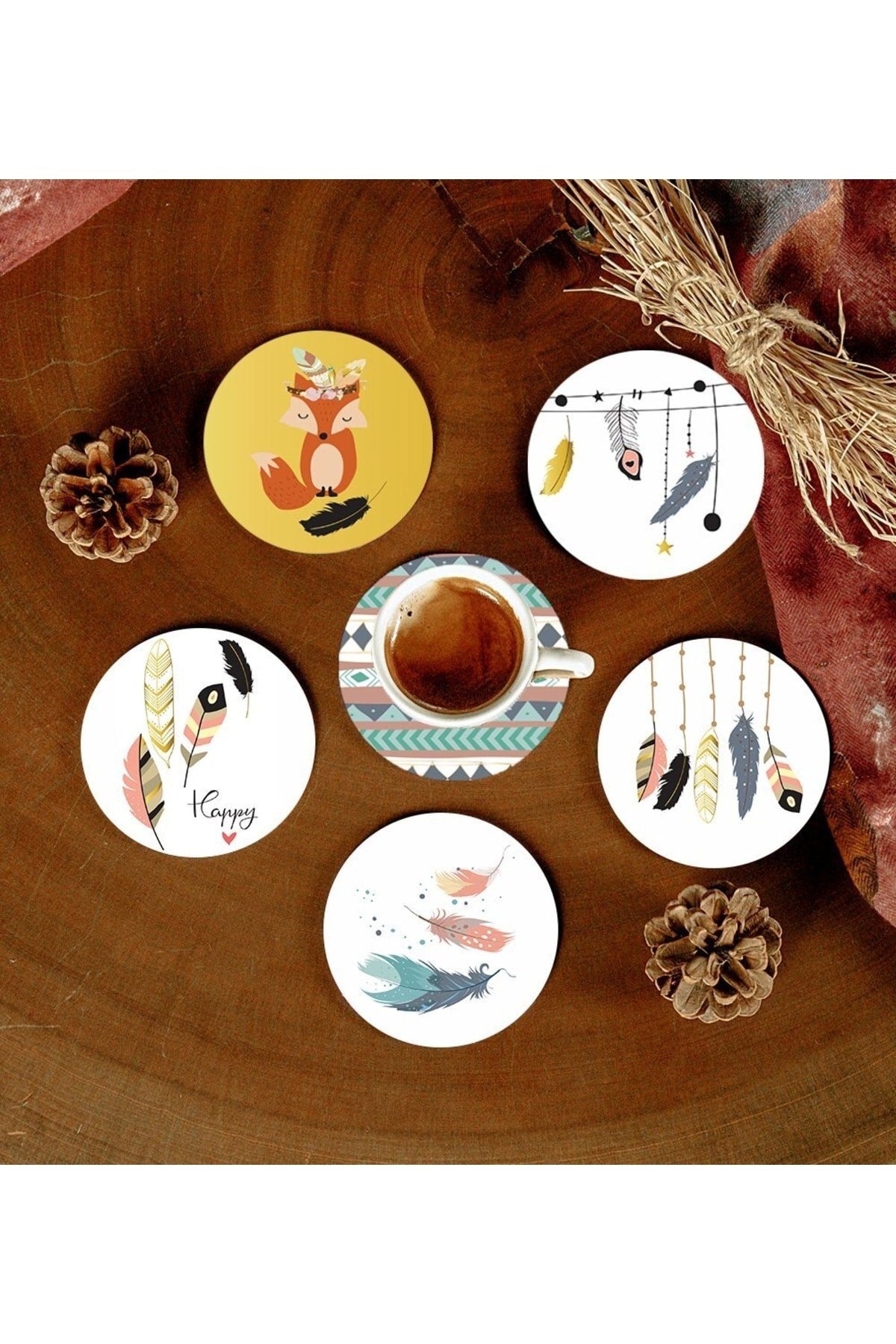 Desenli Mdf Bardak Altlığı 6 Adet