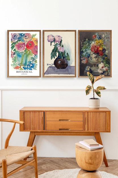 Çiçek Üçlü Ahşap Çerçeveli Tablo 23 x 30