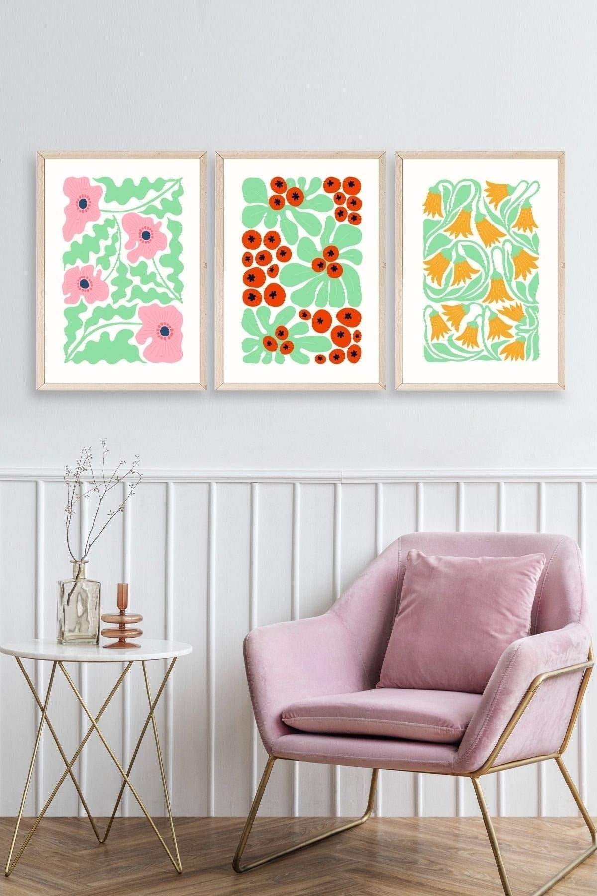 Çiçekler Üçlü Ahşap Çerçeveli Tablo 30 x 40