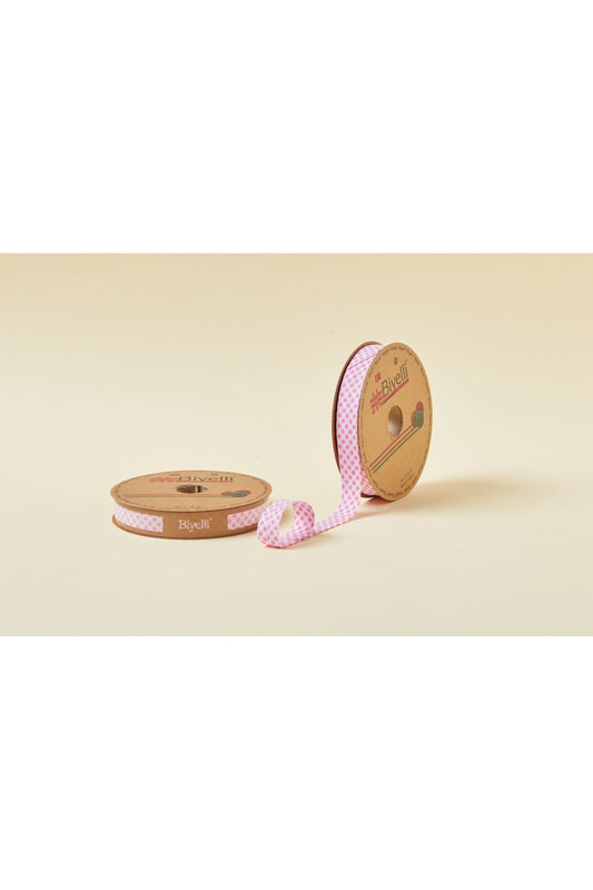 Biye Ekoseli Katlı E02 Pembe 2 cm 25 Metre %65 Koton %35 Polyester