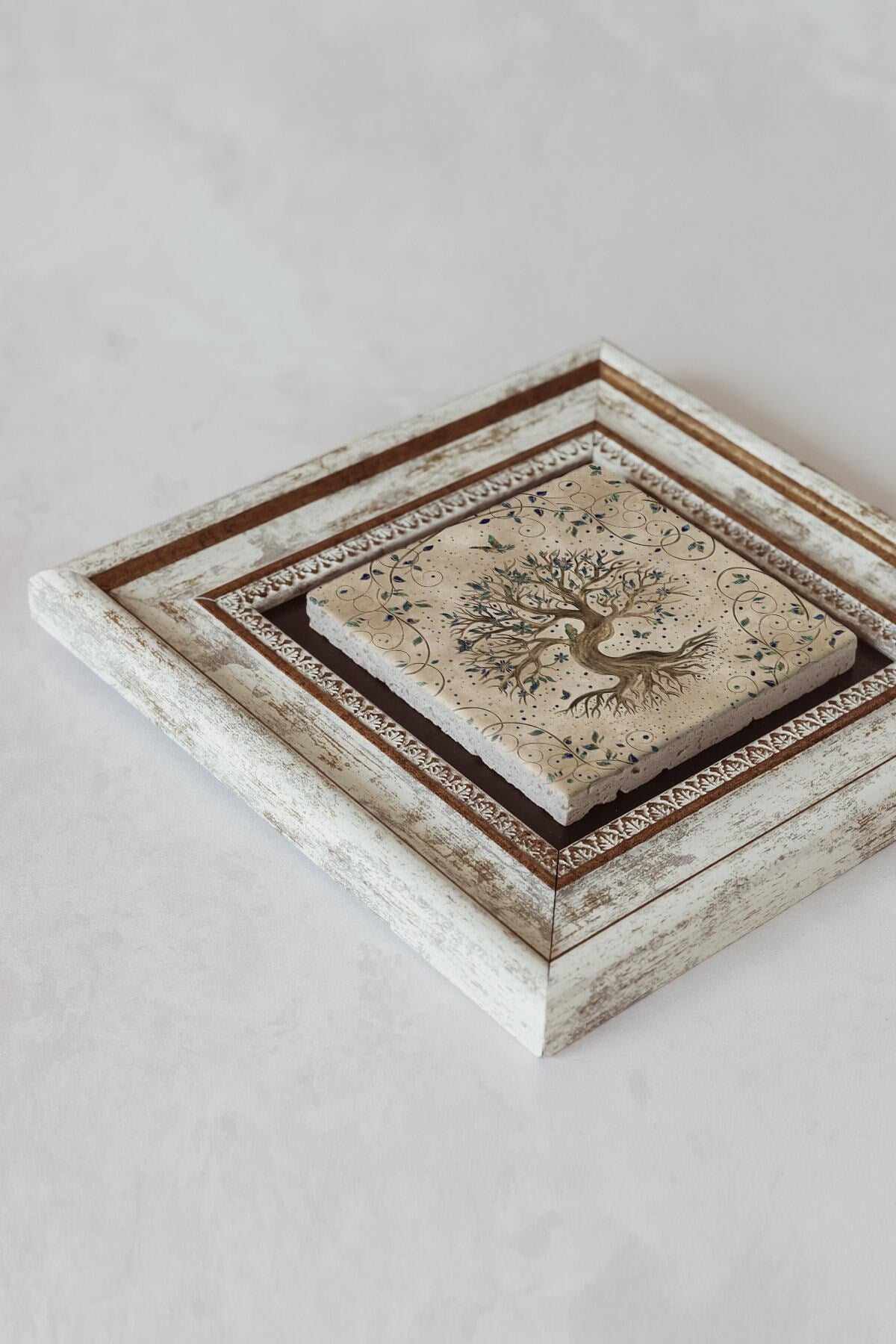 Hayat Ağacı (yaşam) Life Tree Çerçeveli Taş Tablo , Çerçeveli Taş Duvar Dekoru 20 cm