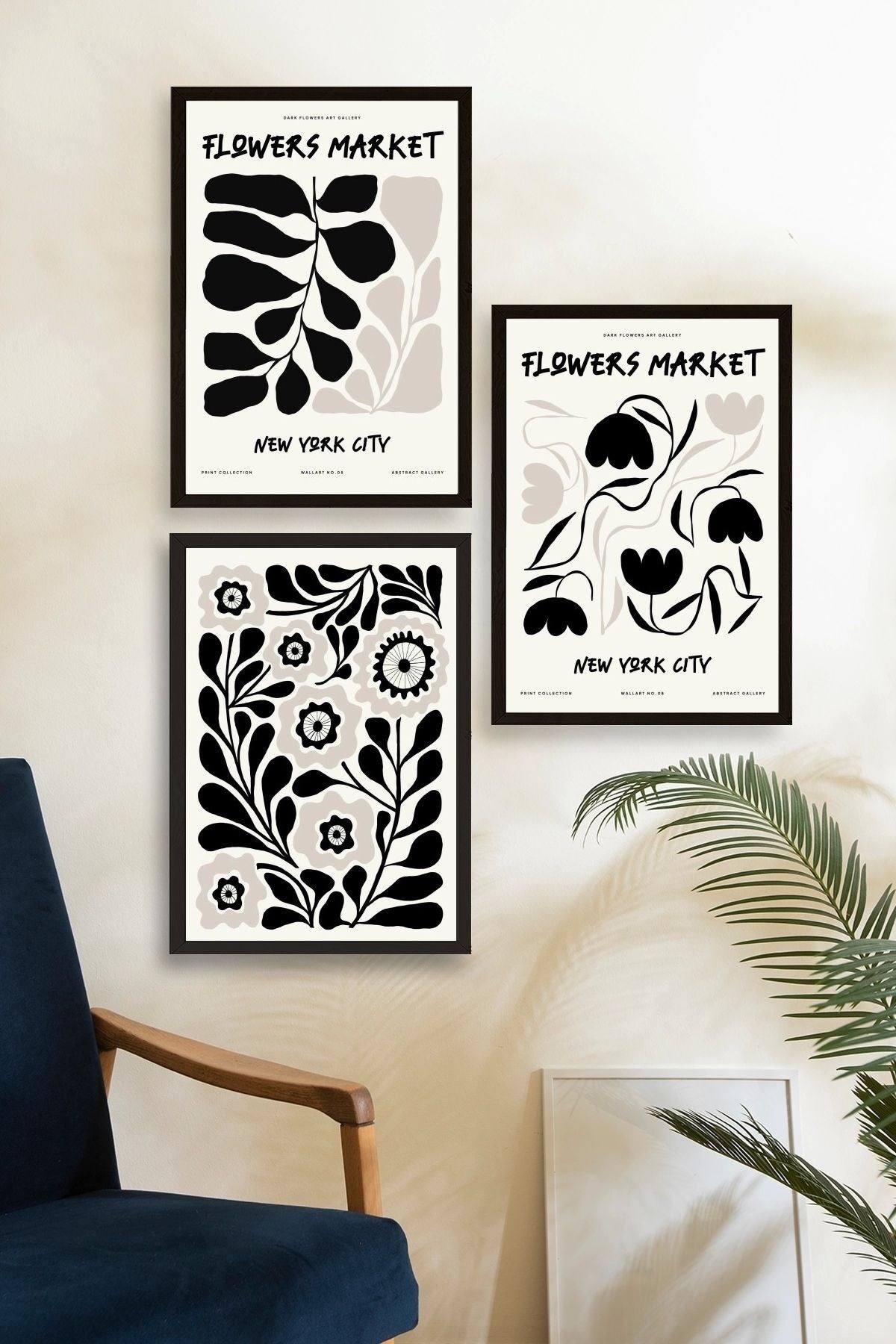 Flower Market Üçlü Ahşap Çerçeveli Tablo 50 x 70