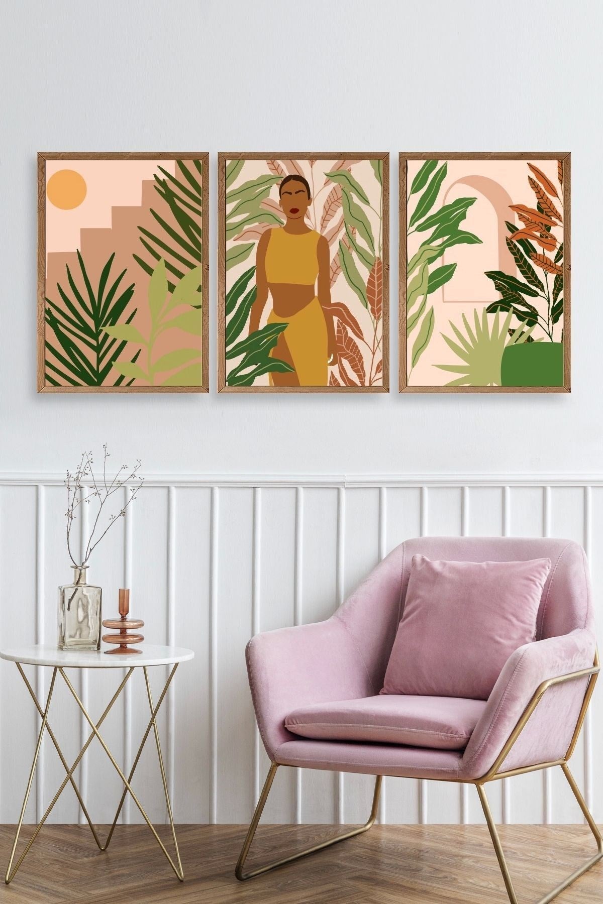 Düşündüren Çiçekli Üçlü Ahşap Çerçeveli Tablo 23 x 30