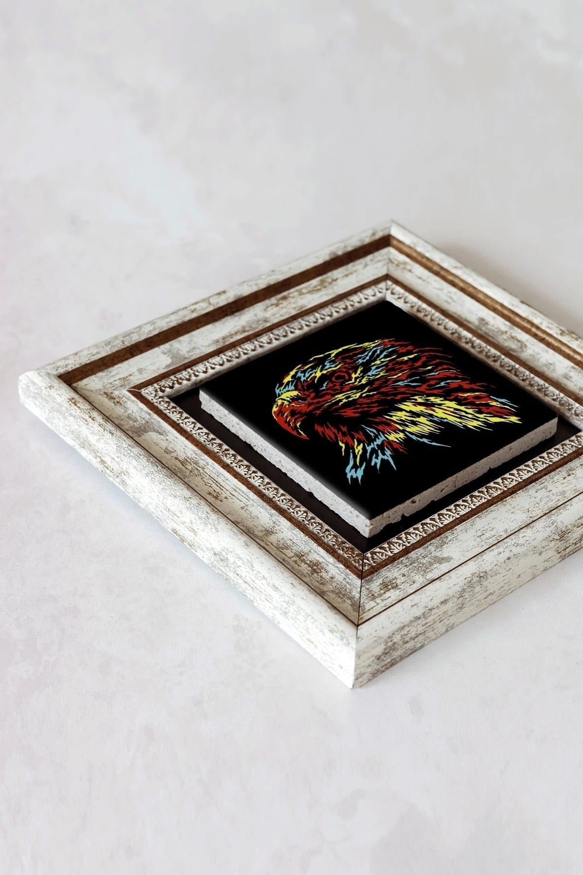 Soyut Çalışma Renkli Kuş Çerçeveli Taş Tablo , Çerçeveli Taş Duvar Dekoru-enkcrcvtbl-00097 20 cm