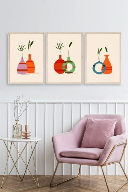 Çiçek Desenli Üçlü Ahşap Çerçeveli Tablo 50 x 70