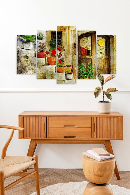 Eski Ev ve Çiçekler 5 Parçalı Mdf Tablo 60 x 100