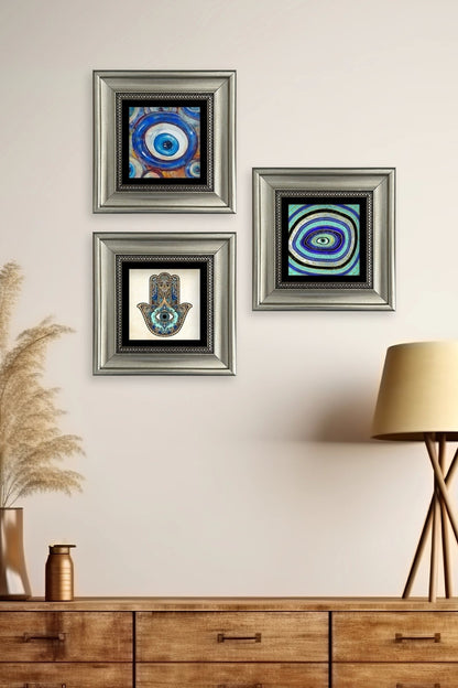 Nazar 3 lü Set Çerçeveli Taş Tablo 20 cm