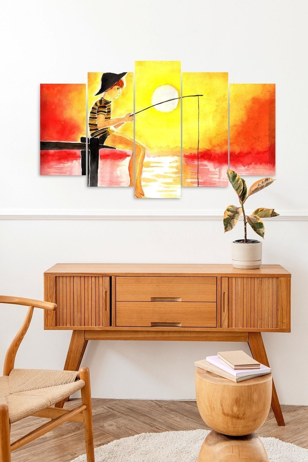 Balık Tutan İnsan 5 Parçalı Mdf Tablo 60 x 100