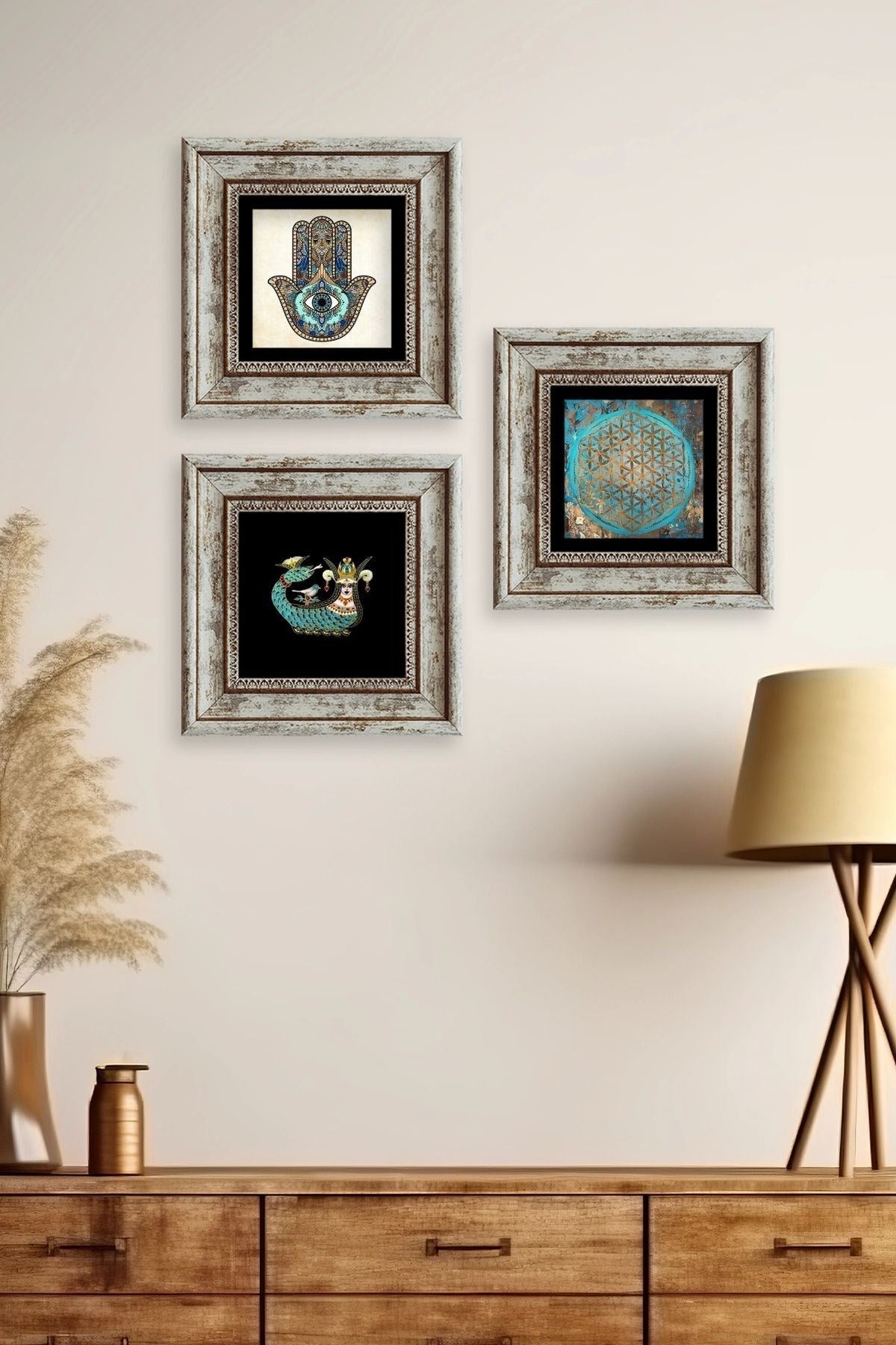 Mistik 3 lü Set Çerçeveli Taş Tablo 20 cm