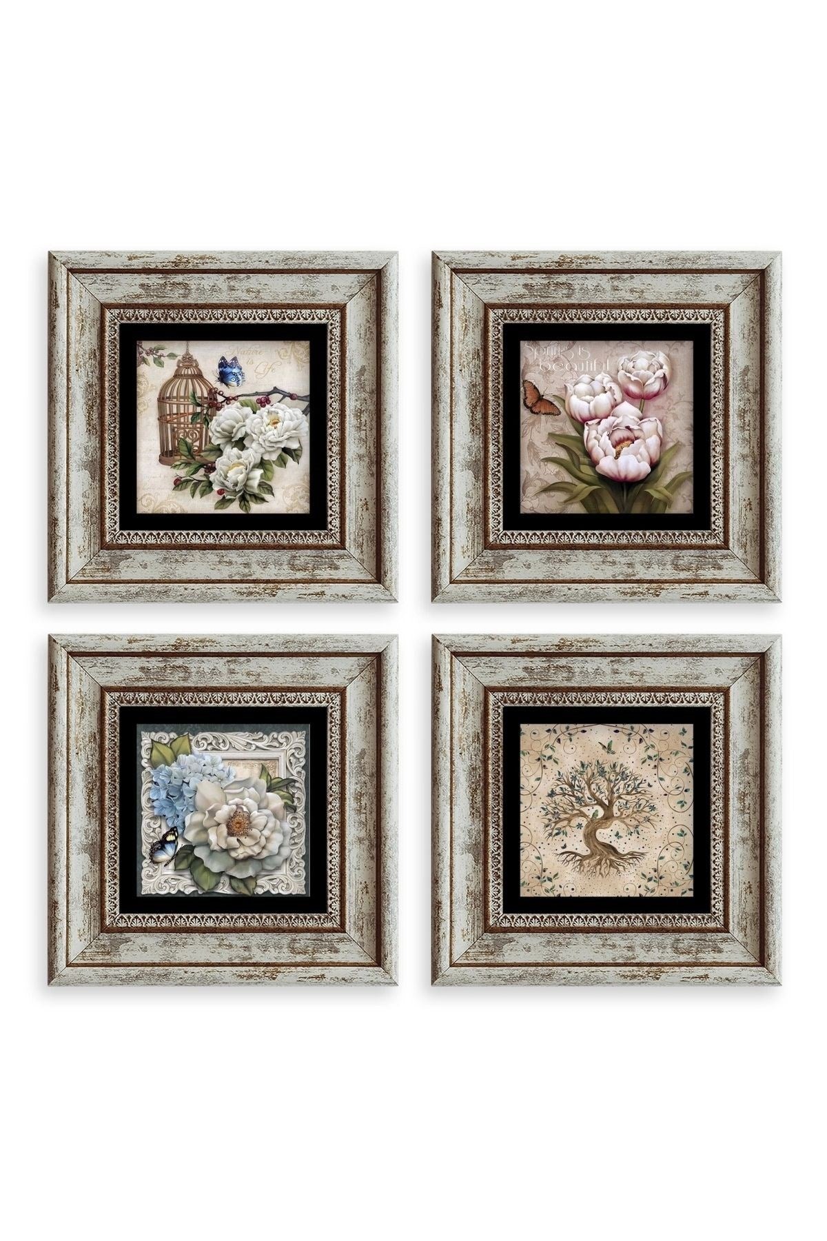 Çiçekler 4 lü Set Çerçeveli Taş Tablo 20 cm