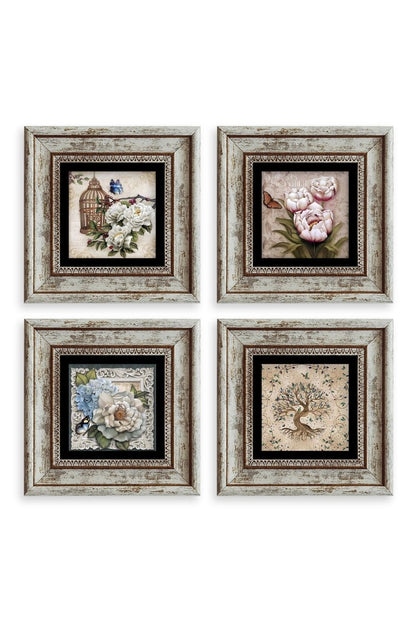 Çiçekler 4 lü Set Çerçeveli Taş Tablo 20 cm