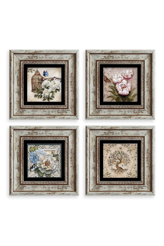 Çiçekler 4 lü Set Çerçeveli Taş Tablo 20 cm