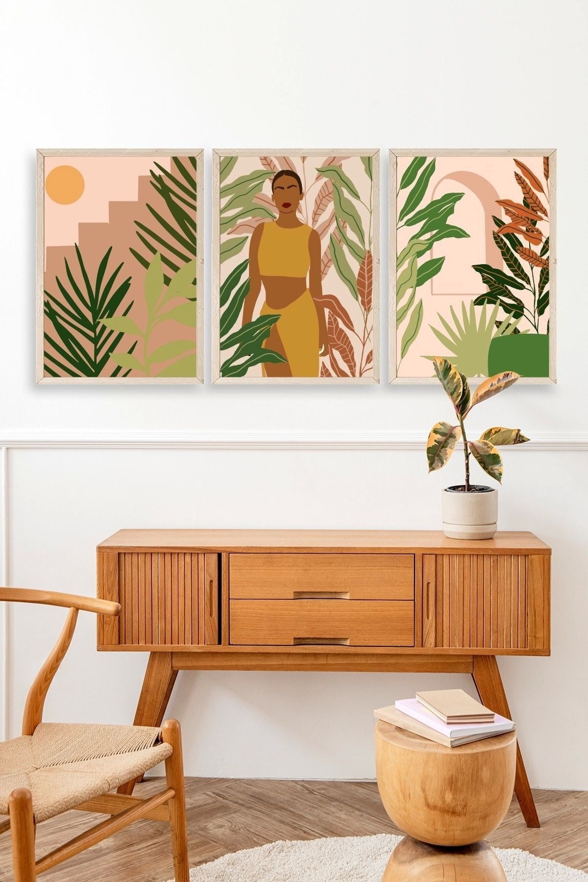 Düşündüren Çiçekli Üçlü Ahşap Çerçeveli Tablo 50 x 70