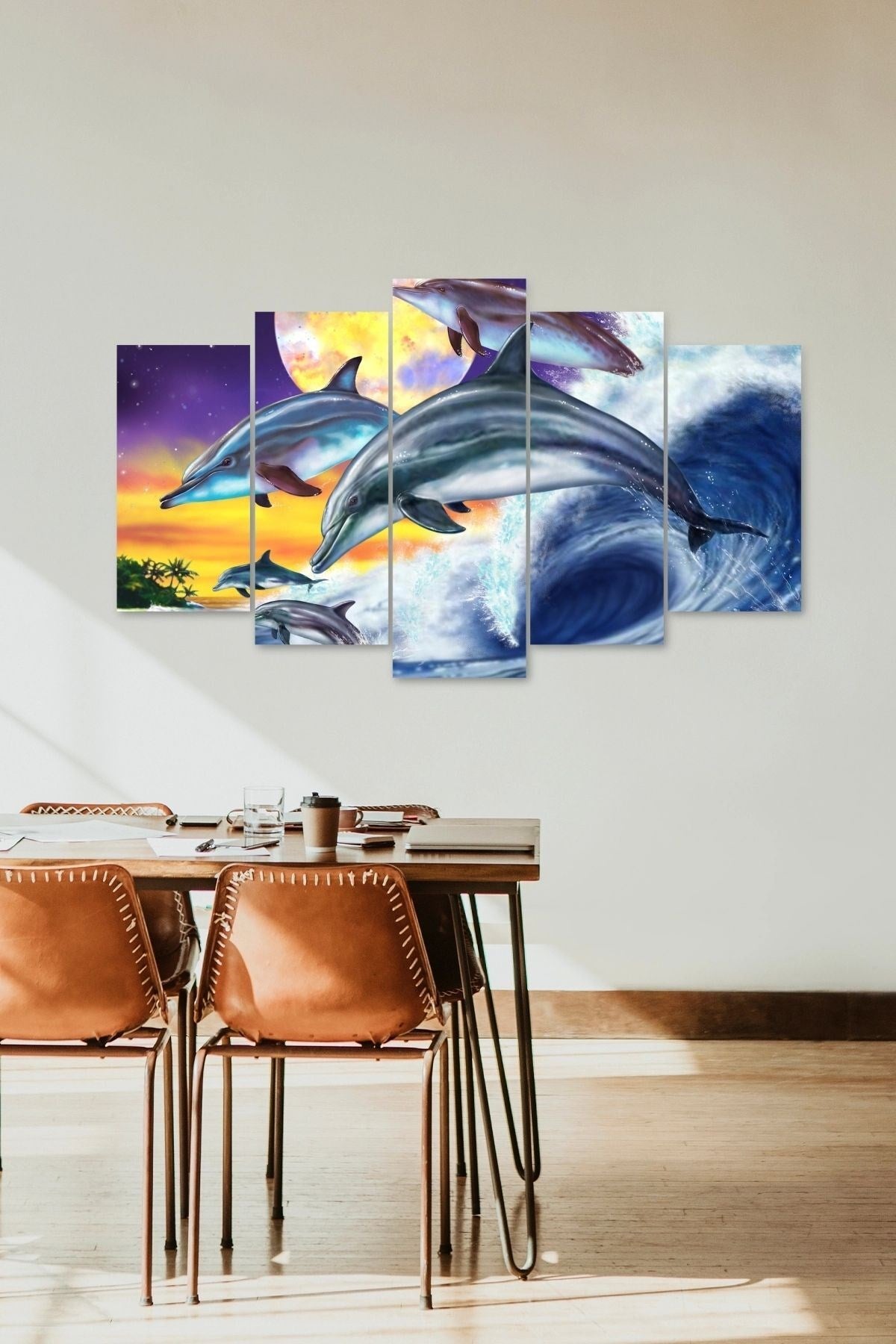 Yunuslar ve Deniz 5 Parçalı Mdf Tablo 60 x 100