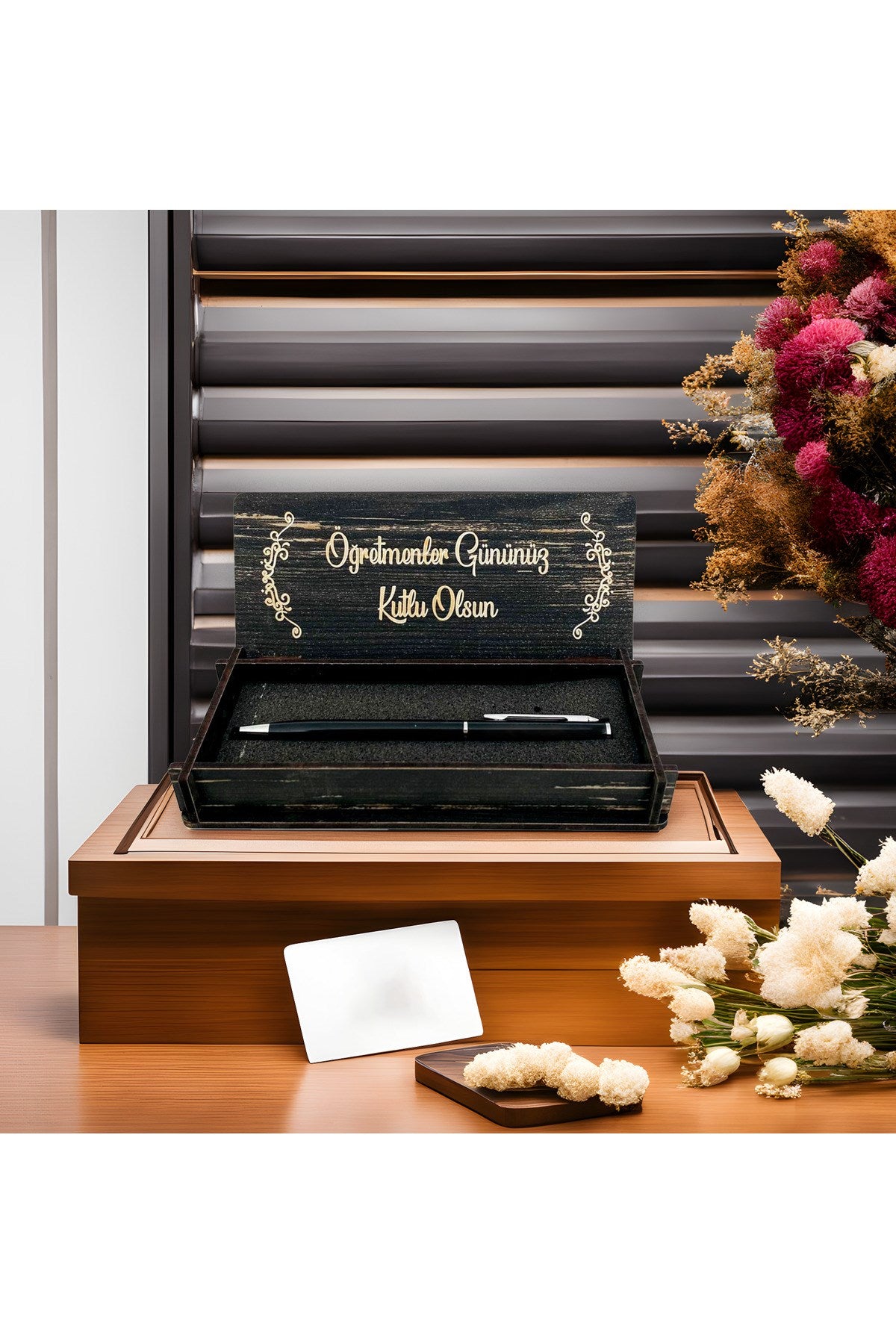 Öğretmenler Günü Tasarımlı Ahşap Kalem Kutusu - Siyah