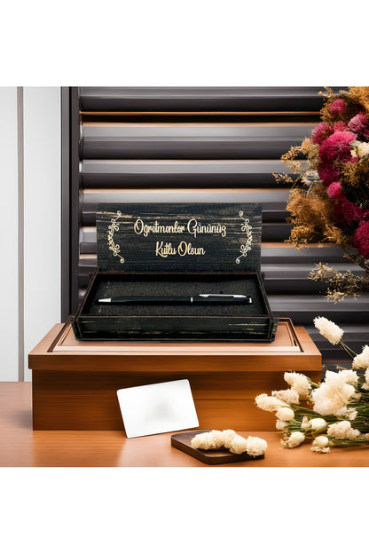 Öğretmenler Günü Tasarımlı Ahşap Kalem Kutusu - Siyah