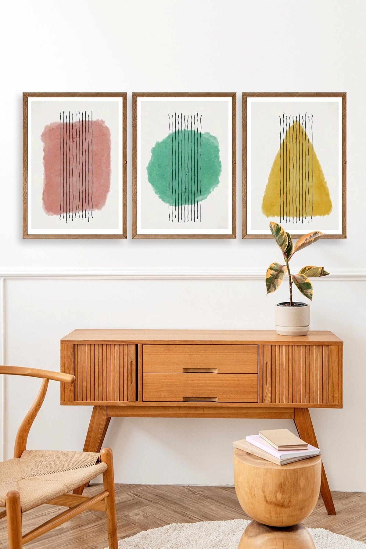 Şekiller Kare Üçgen Üçlü Ahşap Çerçeveli Tablo 23 x 30