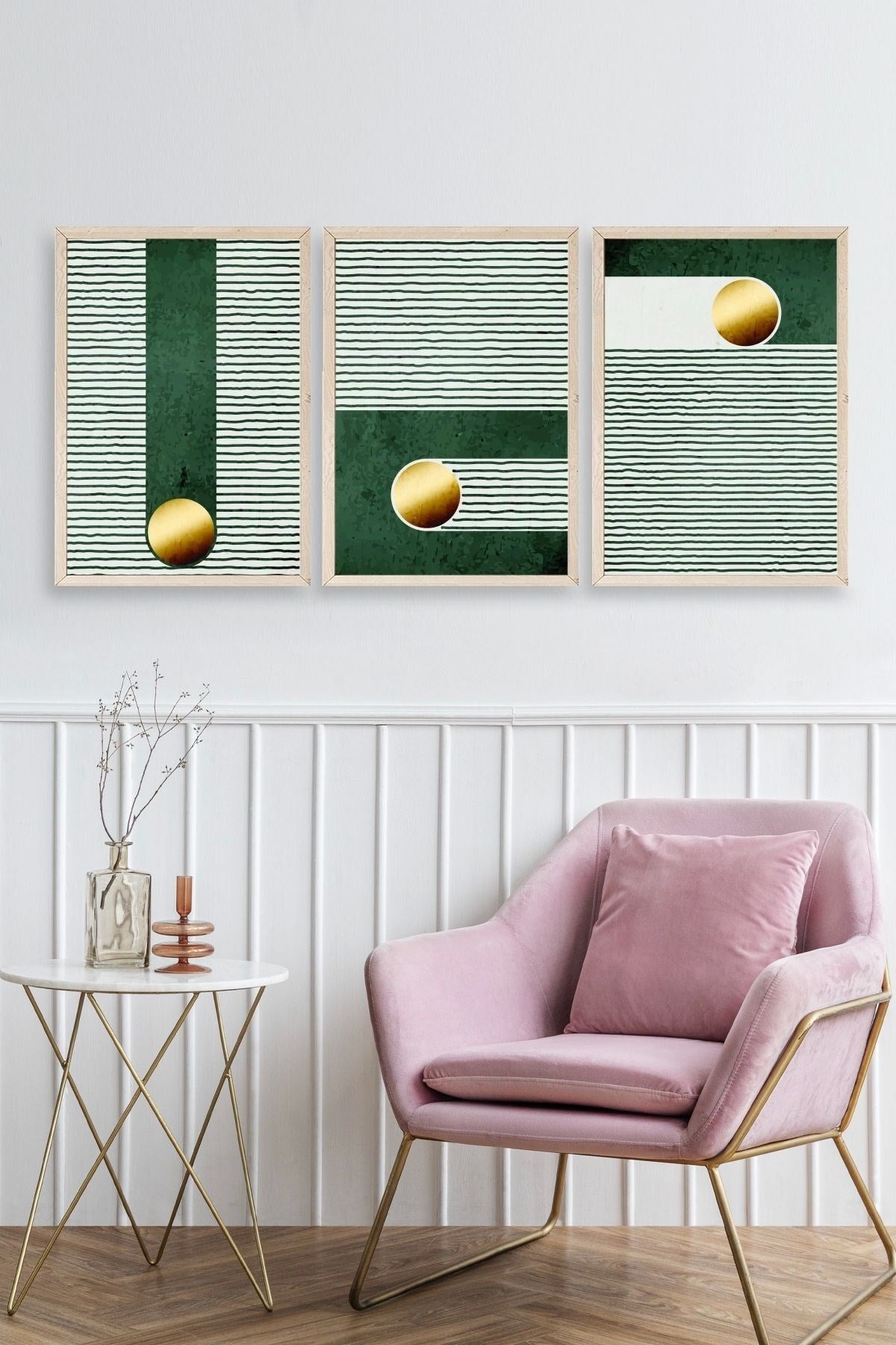 Yuvarlak Top Desenli Üçlü Ahşap Çerçeveli Tablo 17 x 23