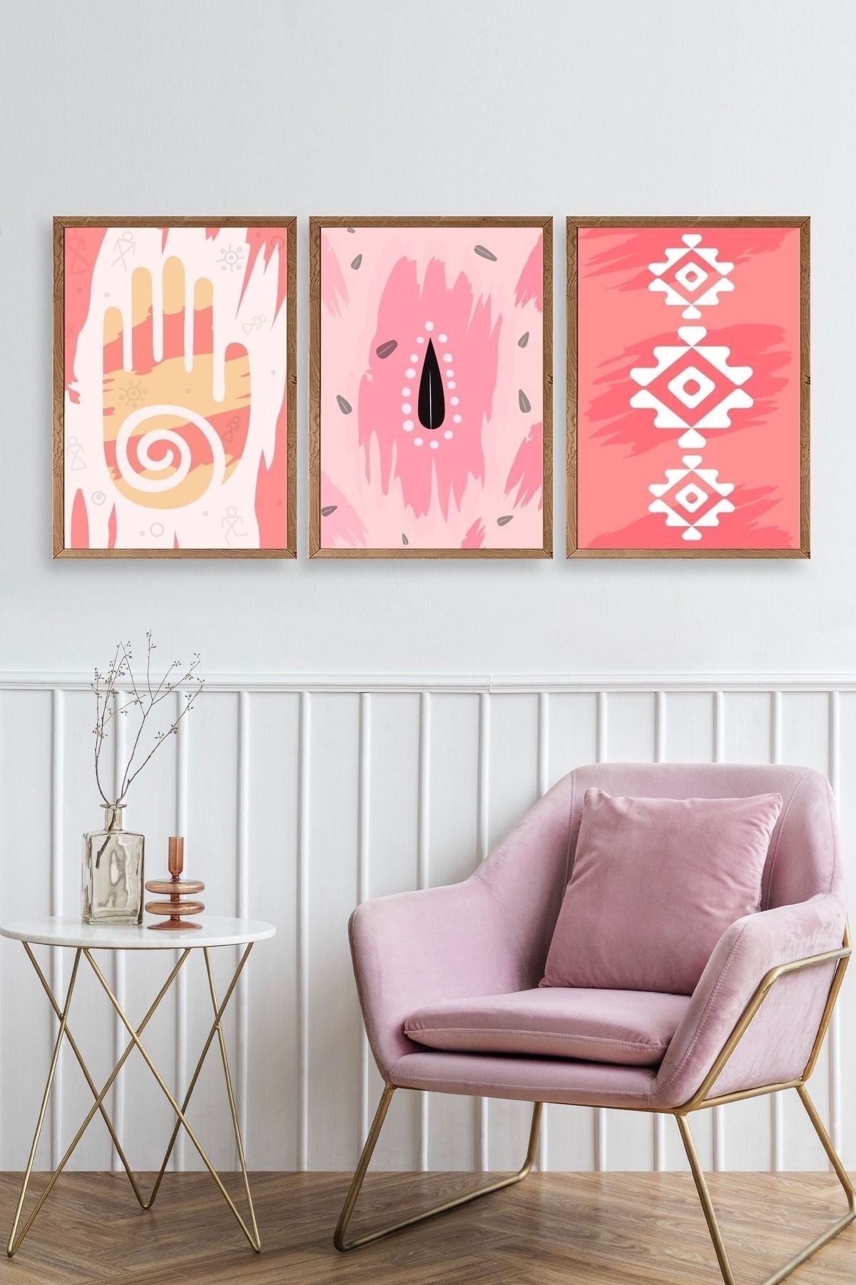 Düşündüren Şekiller Üçlü Ahşap Çerçeveli Tablo 50 x 70