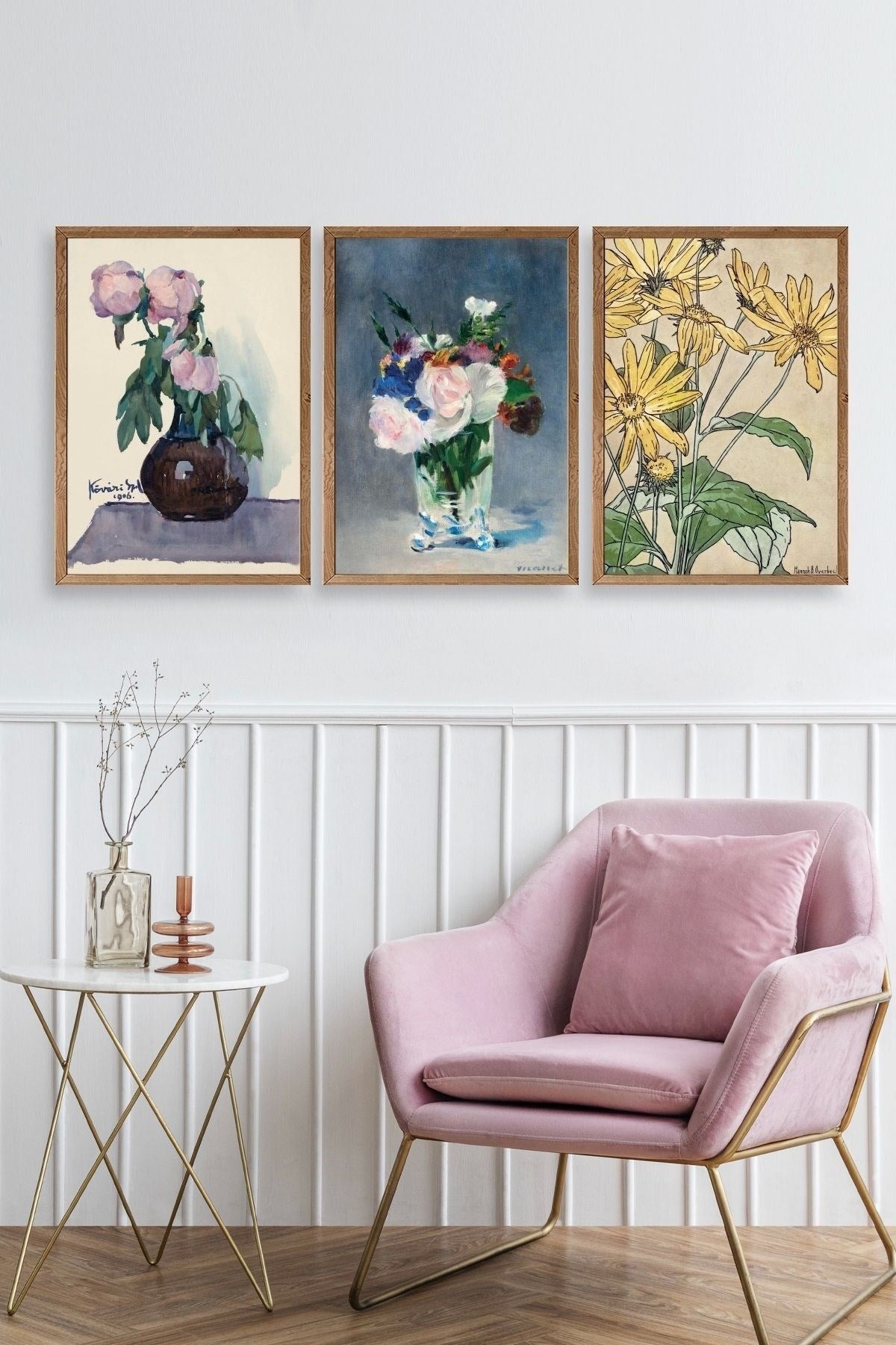 Vazodaki Çiçekler Üçlü Ahşap Çerçeveli Tablo 50 x 70