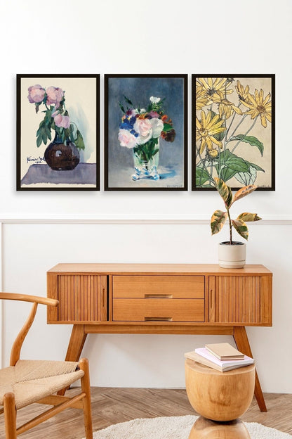 Vazodaki Çiçekler Üçlü Ahşap Çerçeveli Tablo 23 x 30