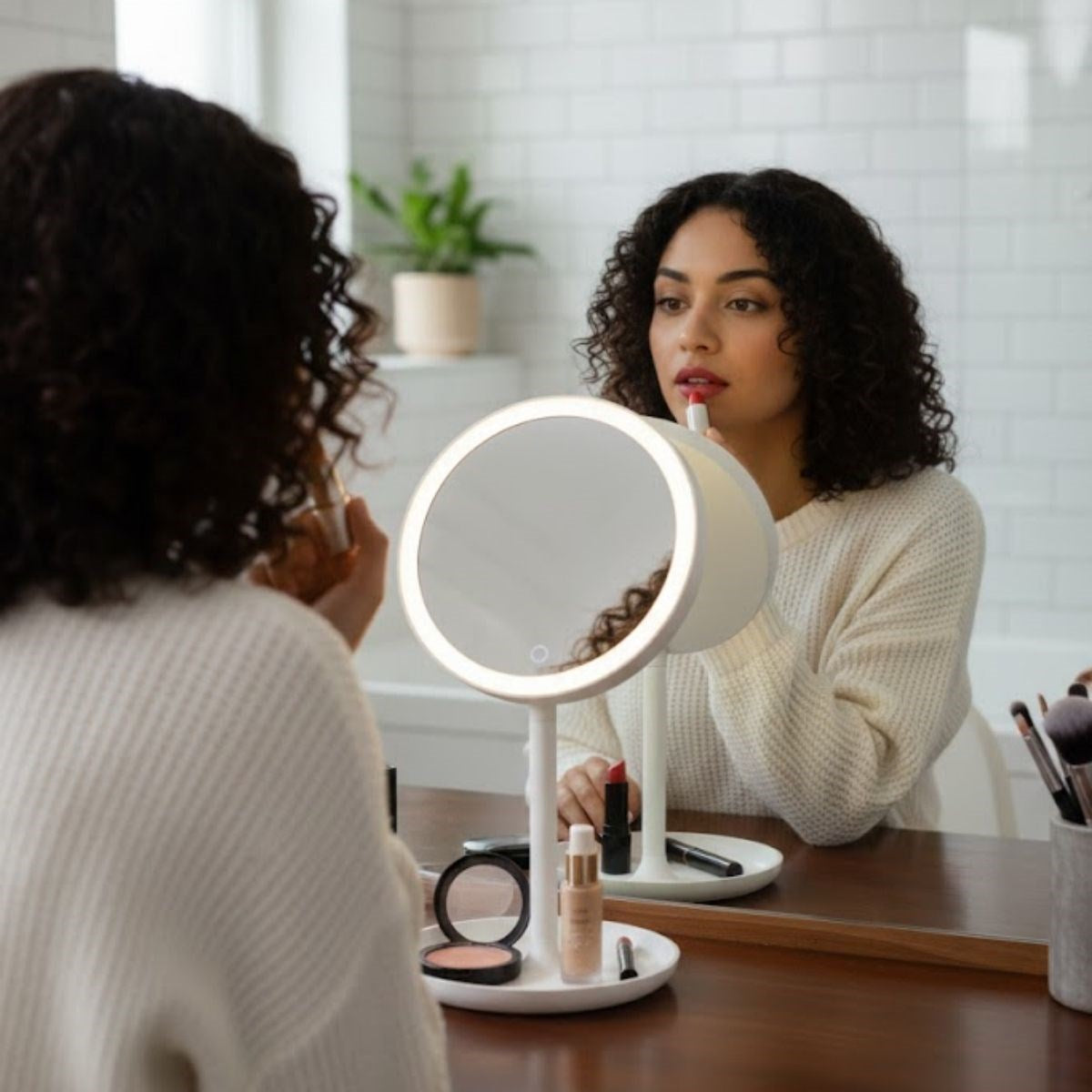 BUFFER® LED Işıklı Yuvarlak Makyaj Aynası – Dokunmatik Ayarlanabilir Işık Tonlu, 360° Döner Masaüstü Profesyonel Makyaj ve Cilt Bakım Aynası