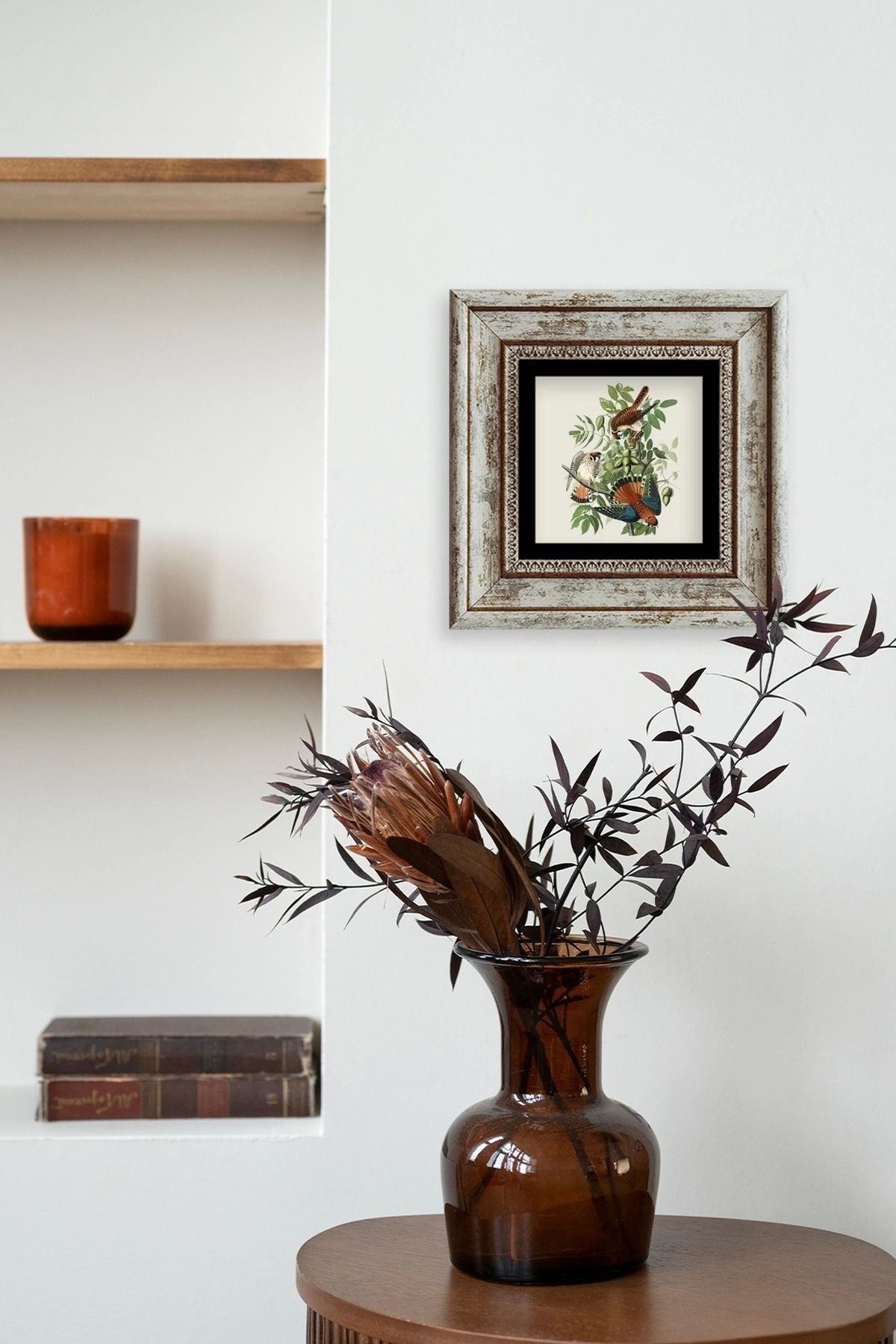 Kuş ve Yapraklar Çerçeveli Taş Tablo 20 cm