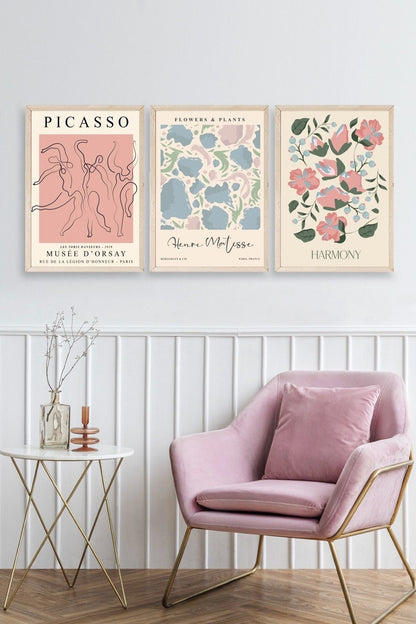 Ünlü Tablolar Üçlü Ahşap Çerçeveli Tablo 40 x 60