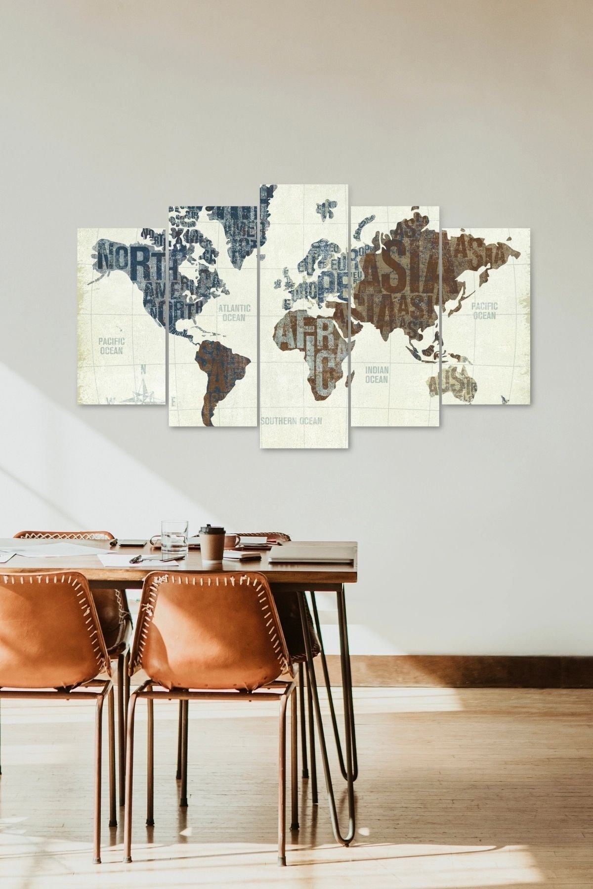 Dünya Haritası 5 Parçalı Mdf Tablo 60 x 100