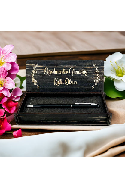Öğretmenler Günü Tasarımlı Ahşap Kalem Kutusu - Siyah