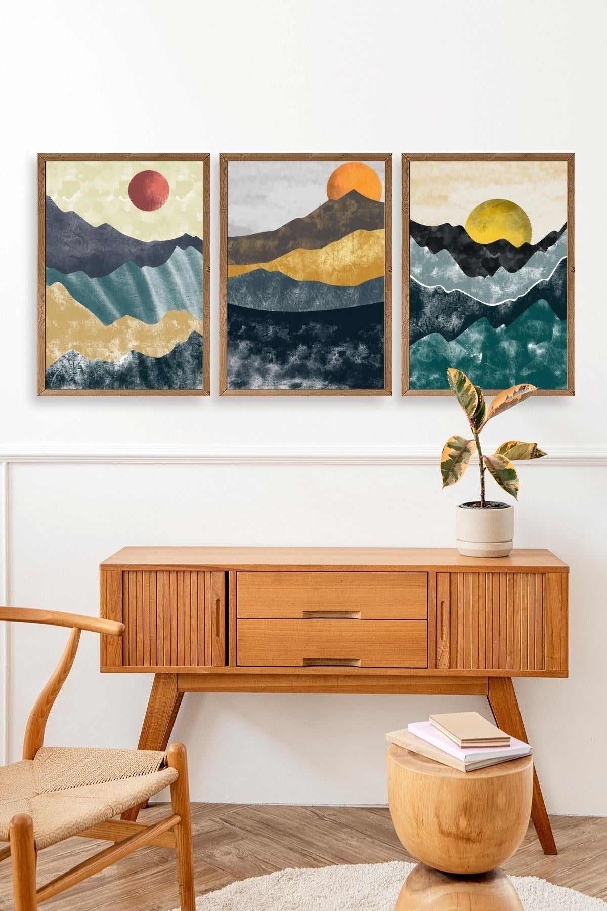 Manzara Üçlü Ahşap Çerçeveli Tablo 30 x 42